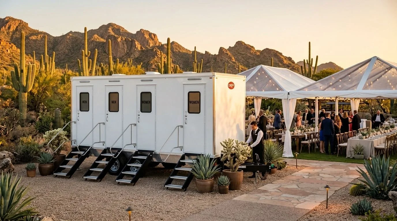 A desert outdoor event with a large white portable restroom trailer and a white tent, surrounded by desert plants and cacti, with mountains in the background and people dining inside the tent.