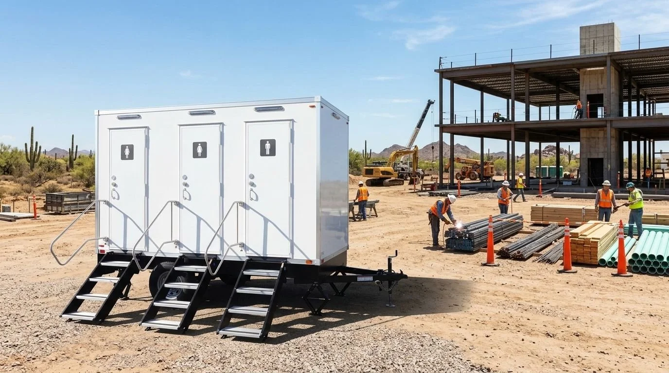 Construction site with workers, building framework, pipes, and portable restroom trailer in a desert setting.