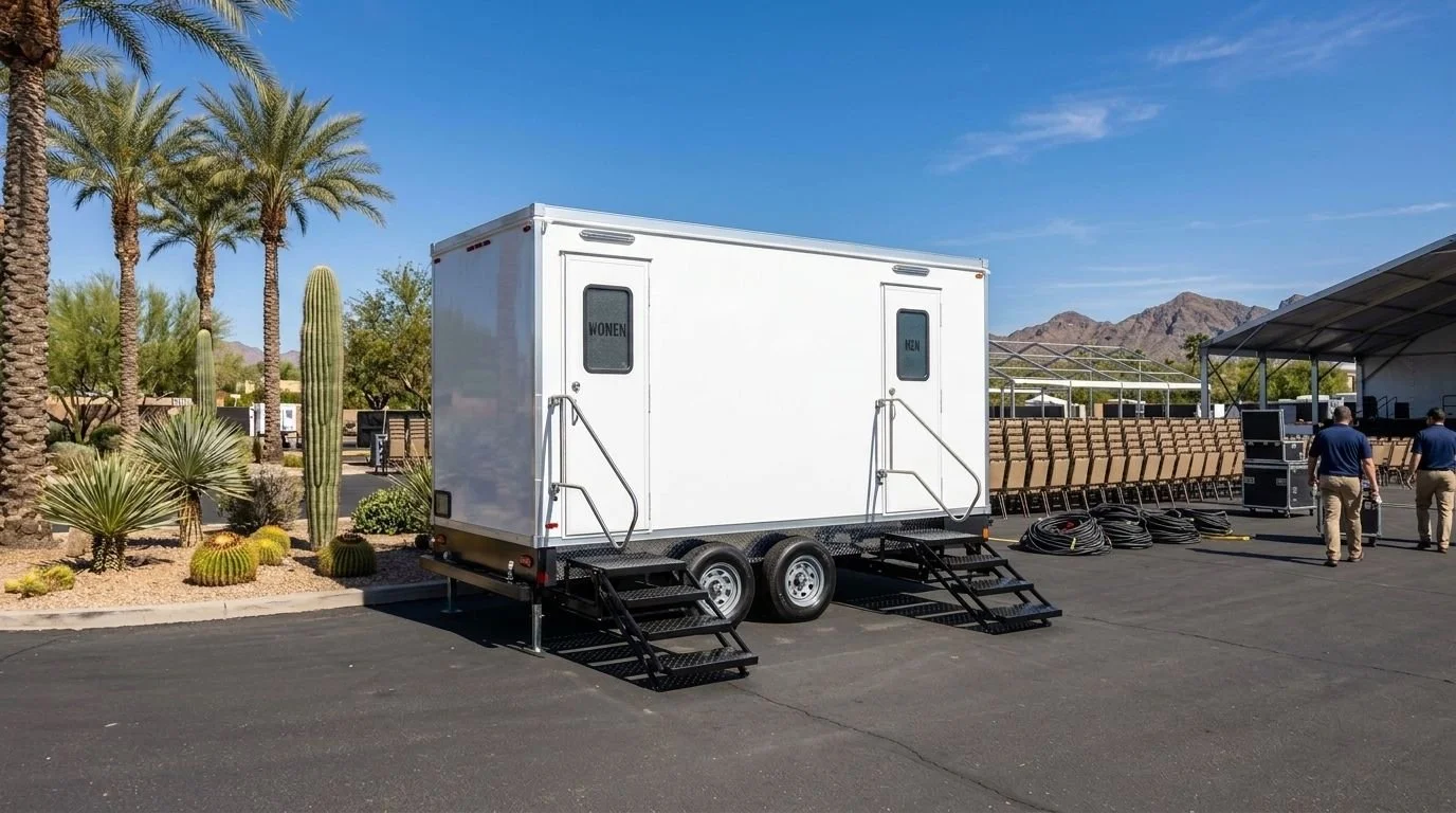 A white portable restroom trailer with separate doors labeled 'Women' and 'Men,' set up outdoors on a paved area, with desert plants and palm trees in the background, and a large tent with chairs and technical equipment nearby.