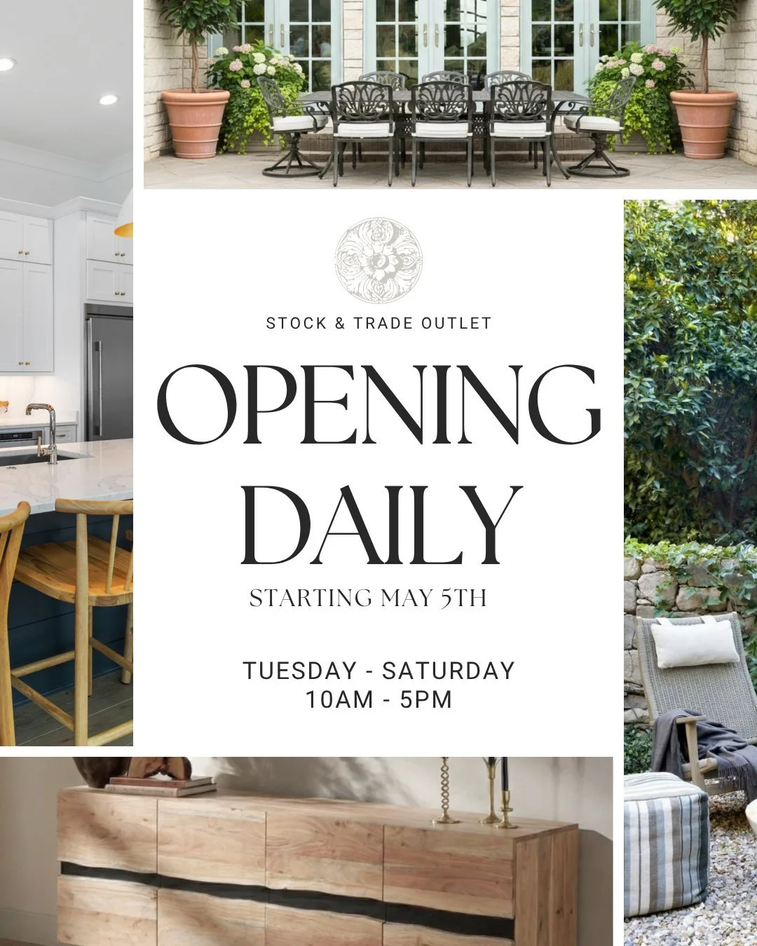 You asked, we listened. Starting Tuesday, May 5th, Stock &amp; Trade Outlet is open to the public Tues&ndash;Sat! No appointments needed