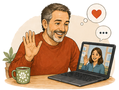 younger man waving to his friend on a laptop screen