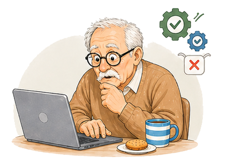 older man confused on his laptop settings