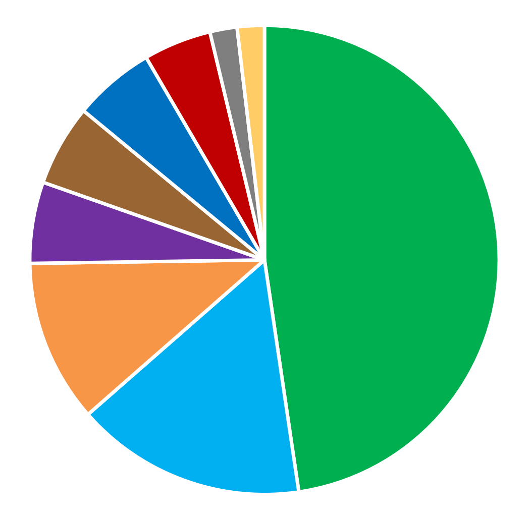 Colorful pie chart with various segments in green, blue, orange, purple, brown, red, gray, yellow, and white, representing categorical data.