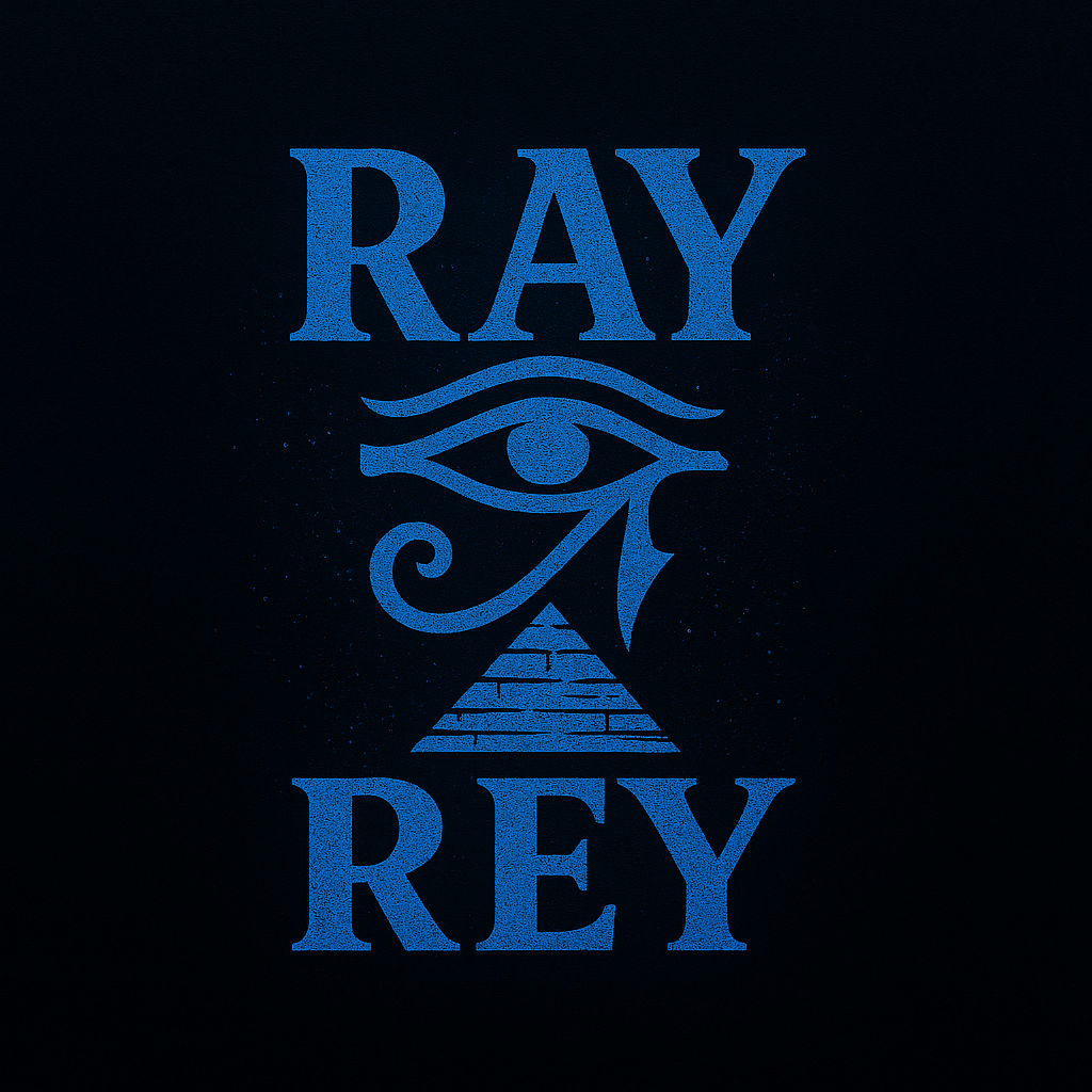 Blue graphic featuring the words "RAY" and "REY" with a stylized eye and pyramid in the center on a black background.