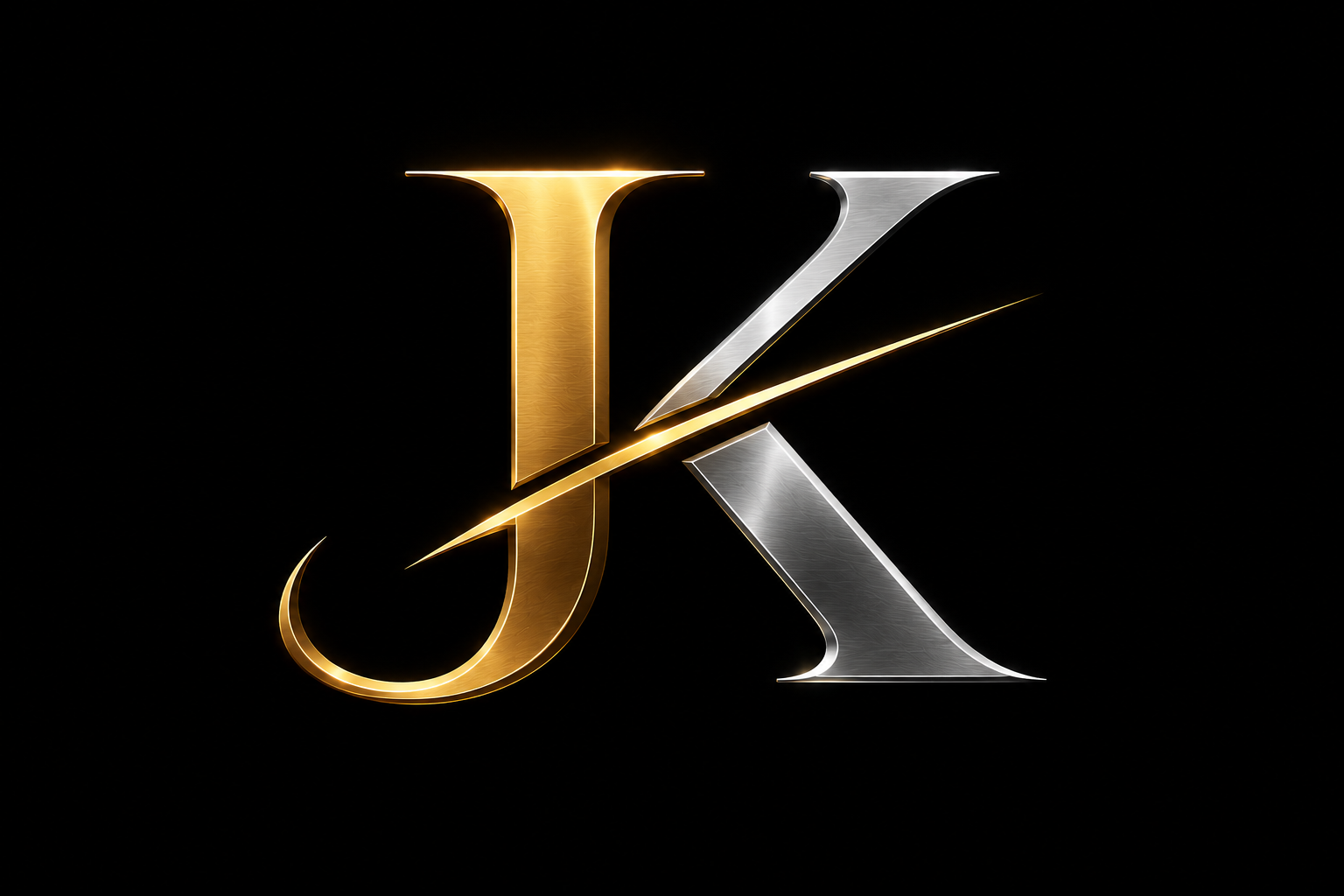 Stylized metallic gold and silver letter K with a lightning bolt through the middle, on a black background. Logo for Jon Kizzy.