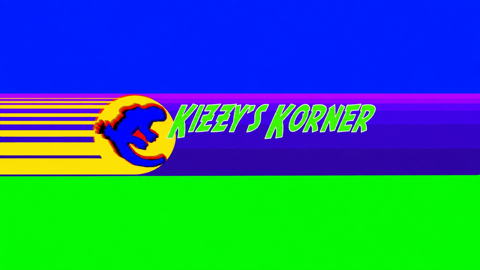 A colorful digital graphic with a purple background, yellow stripes, and a green bottom section. It features a stylized smiling blue dinosaur inside a yellow circle with a red outline. The text reads 'Kizzy's Korner' in bright green stylized font.