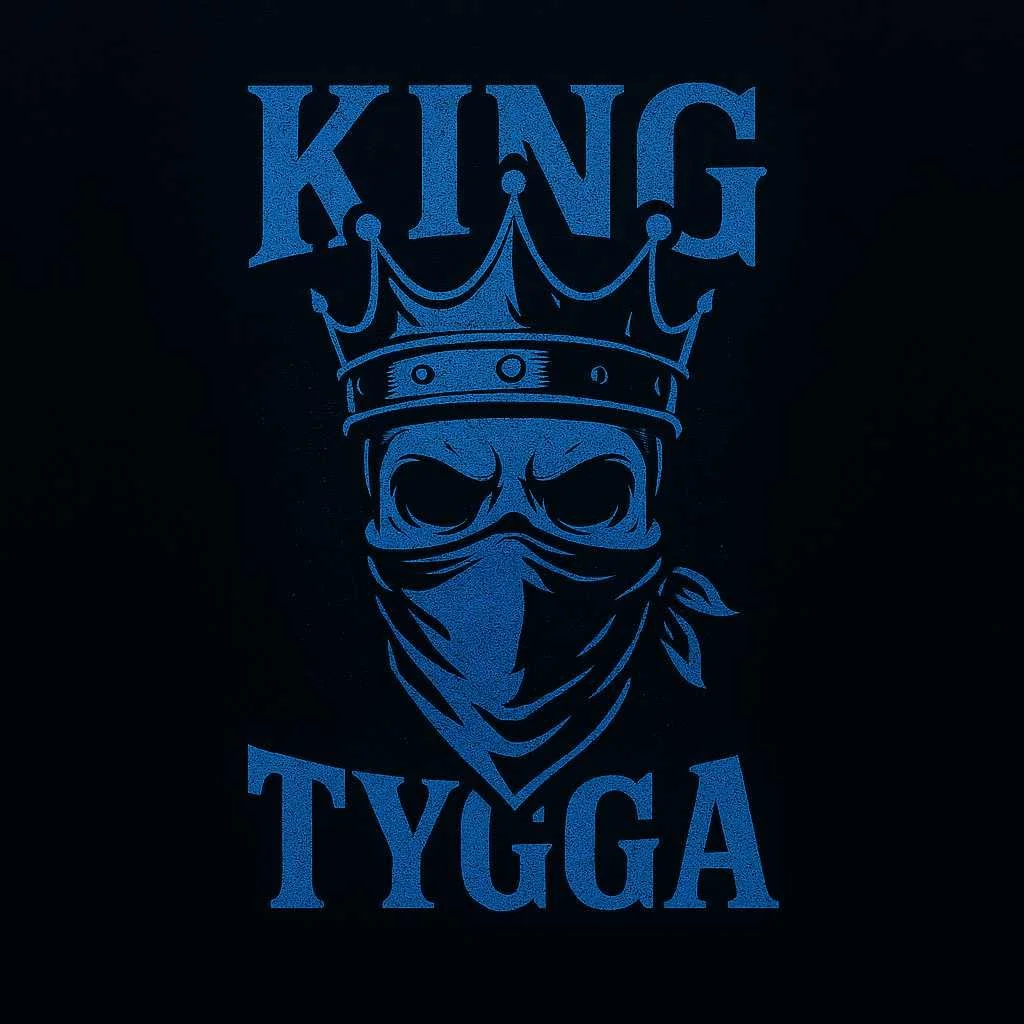Design featuring a skull wearing a bandana over the nose, a crown on top of the skull, with the words "King Tygga" above and below the skull in blue on a black background.