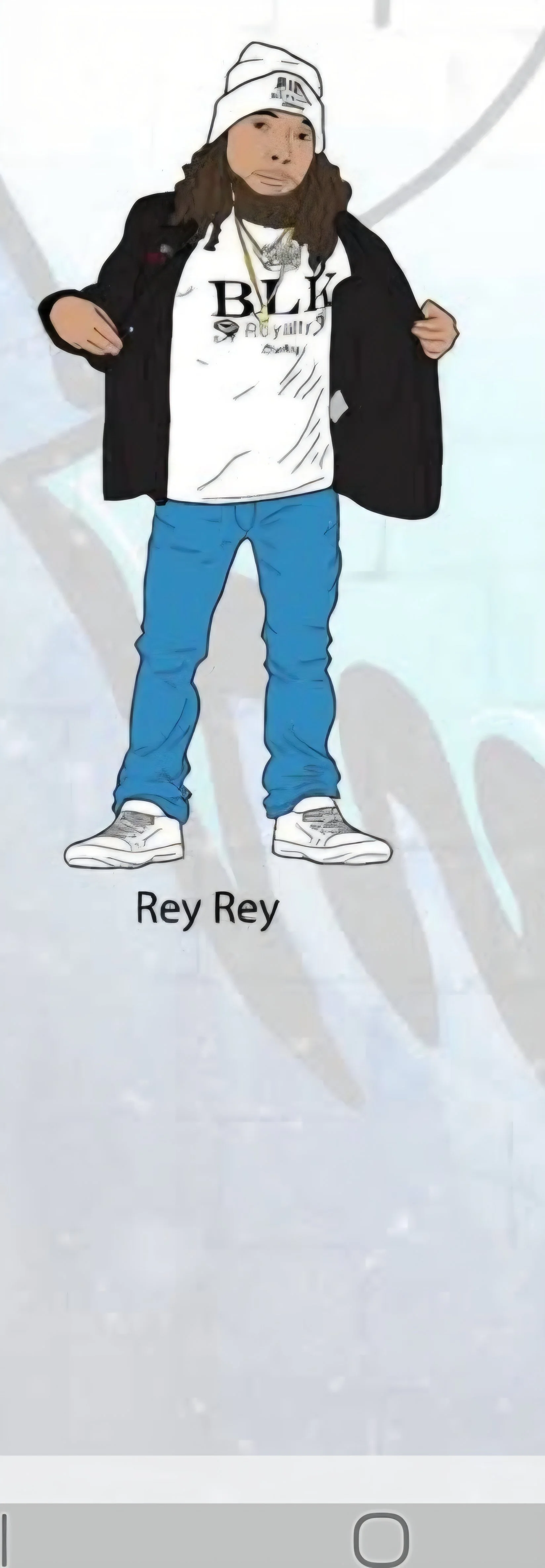 A cartoon-style drawing of a person wearing a white beanie, white t-shirt, black jacket, blue jeans, and white sneakers, standing on ice with the name "Rey Rey" written below.