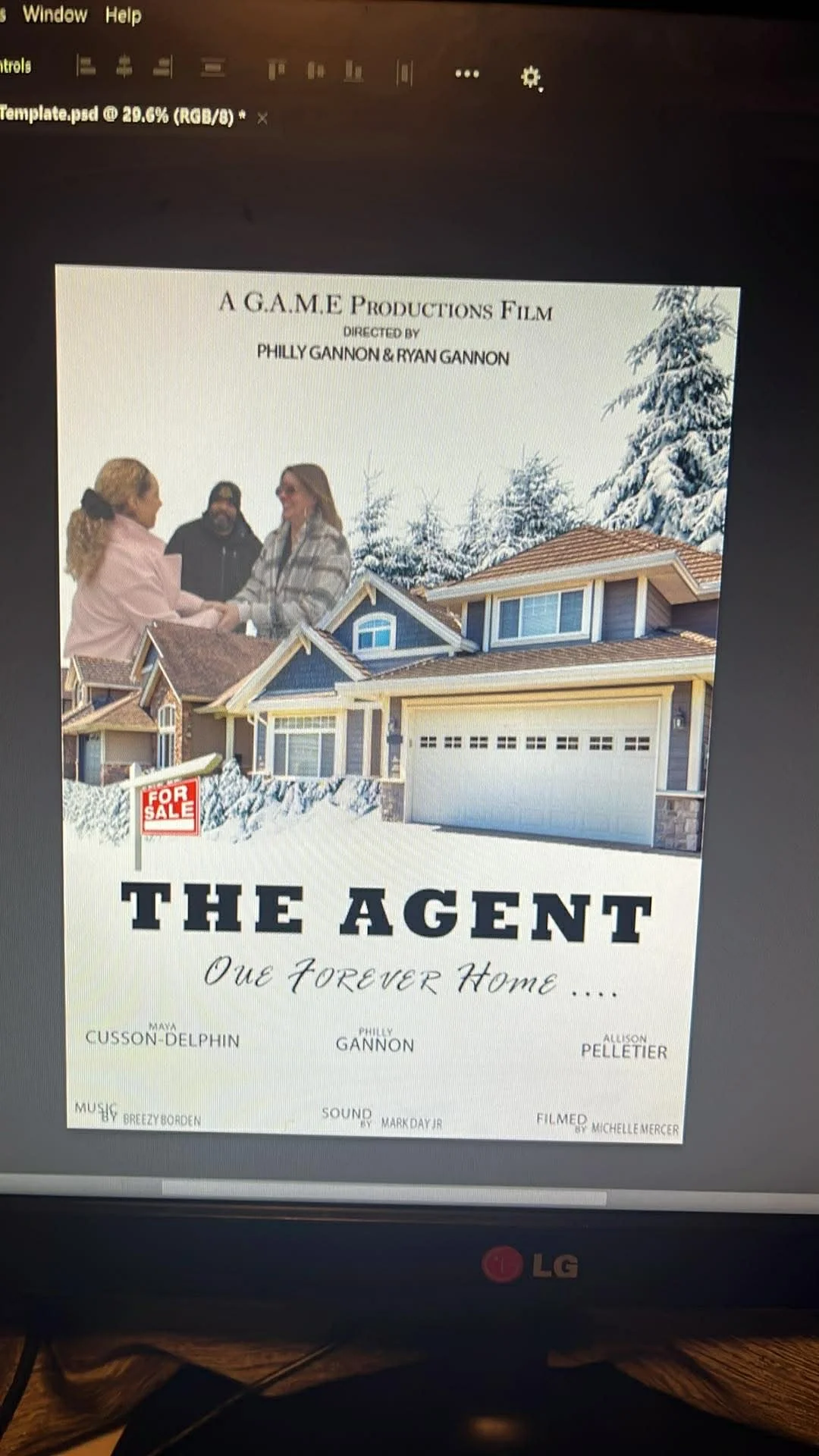 A movie poster for a film titled 'The Agent: Our Forever Home,' featuring a house with a 'For Sale' sign, and three people shaking hands in front of the house, set in a snowy landscape with pine trees.