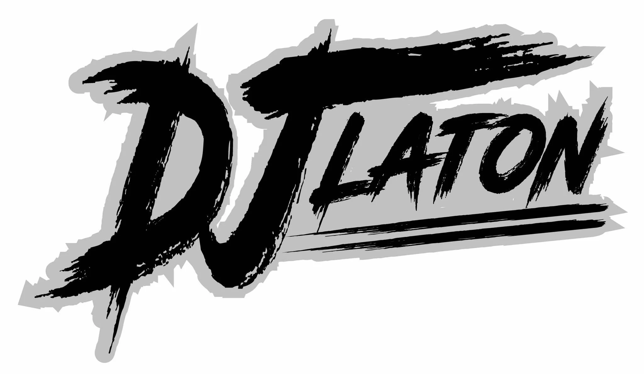 Stylized black and white text that reads 'DJ Laton' with a grunge font and a shadow effect. DJ Latons logo.