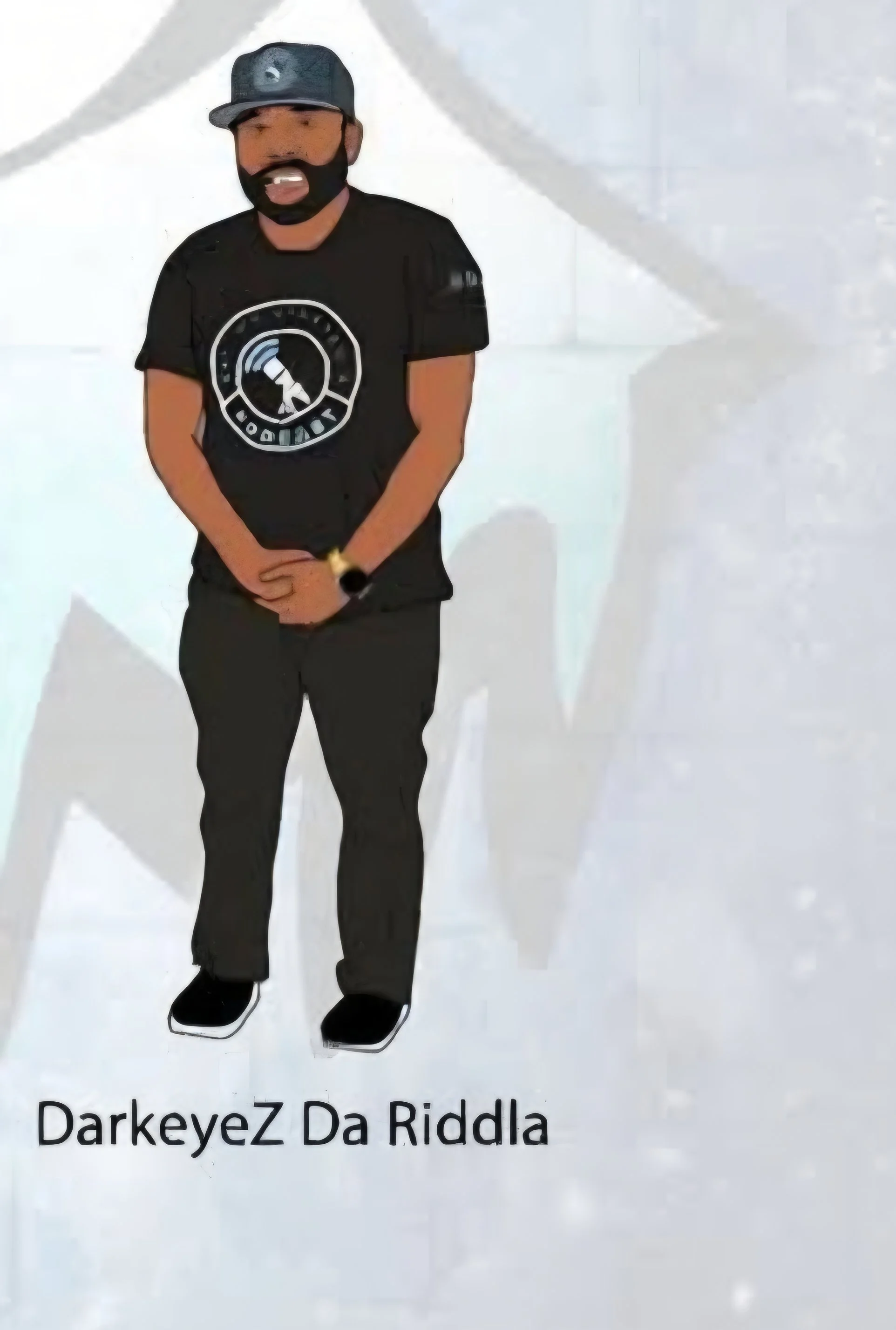 A man wearing a black t-shirt, black pants, black sneakers, a black cap, and a black face mask stands against a white background with geometric shadows. The t-shirt has a circular logo with a hammer or gavel inside. Below the image, there is text tha