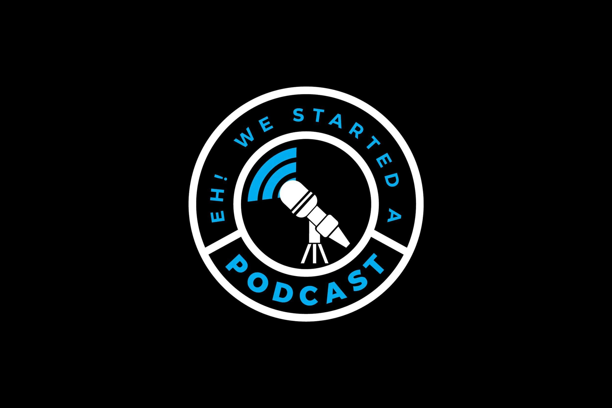 Logo for the 'Eh! We Started A Podcast', featuring a stylized telescope and circular text.