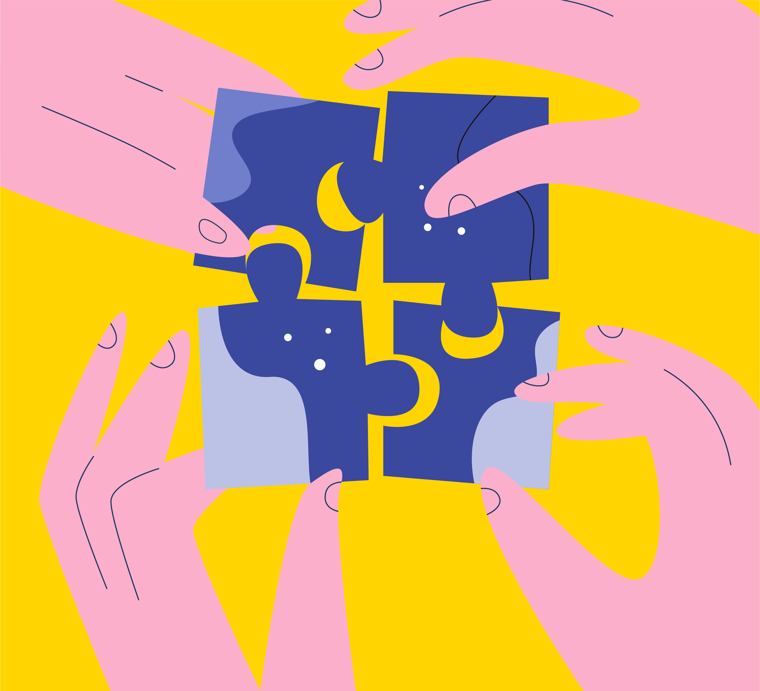 Vier Hände halten und verbinden passende Puzzleteile. Die Grafik zur BKK-Kampagne „Es ist die Nähe, die zählt“ symbolisiert das Zusammenspiel von Versicherten, Unternehmen, Regionen und lokalen Versorgungsnetzwerken.