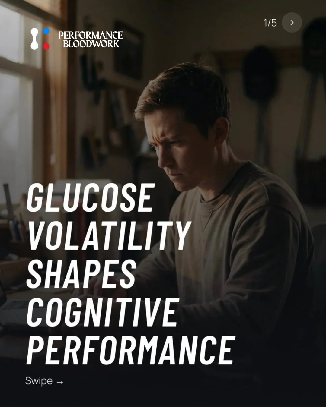 Glucose volatility shapes cognitive performance. The blood pattern shows up before you feel it.

When blood sugar swings, the brain pays first. Glucose is the brain&rsquo;s primary fuel. And the brain can&rsquo;t store it.

Every dip pulls focus, rec