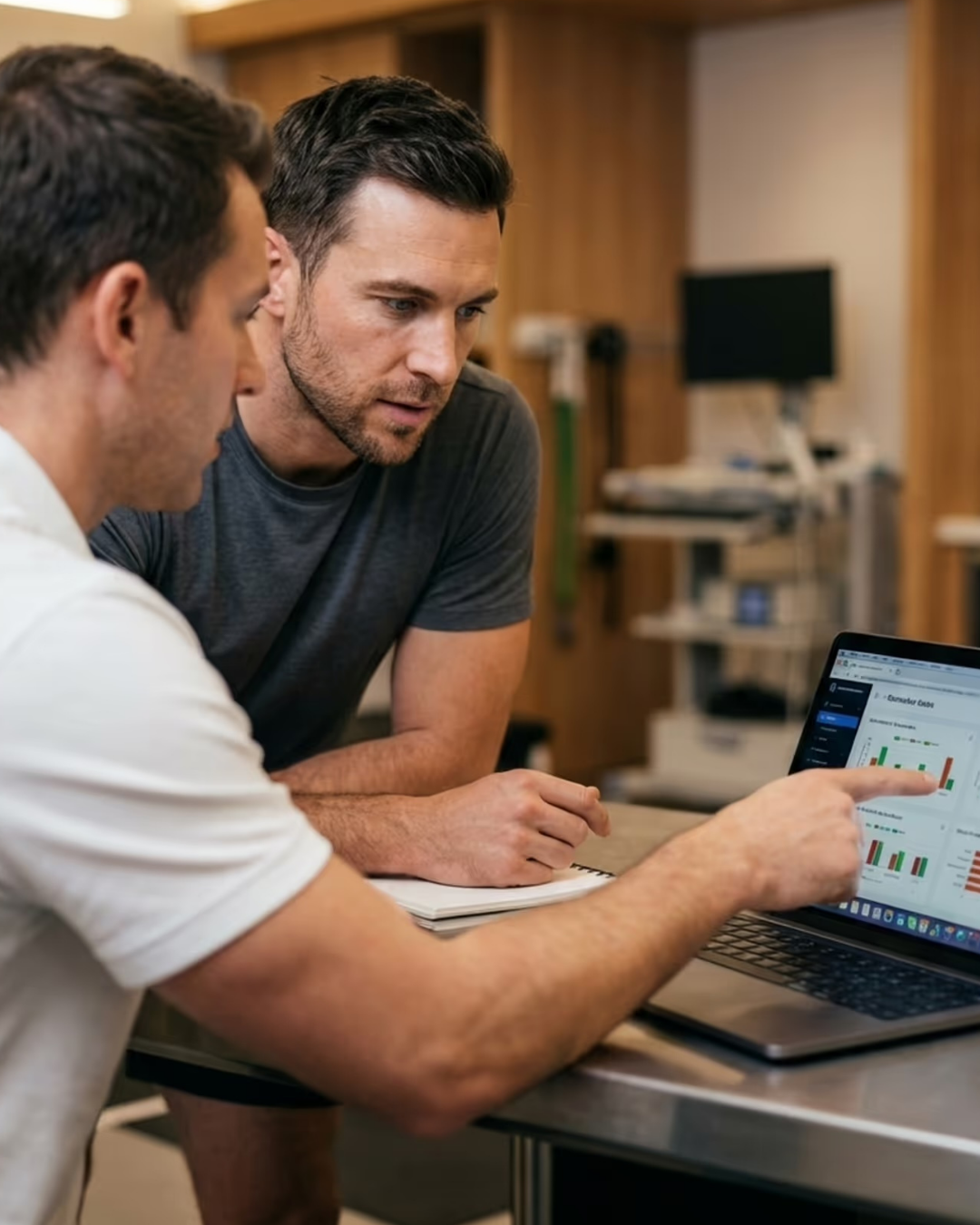 Two men examining data on a laptop in an office setting.
