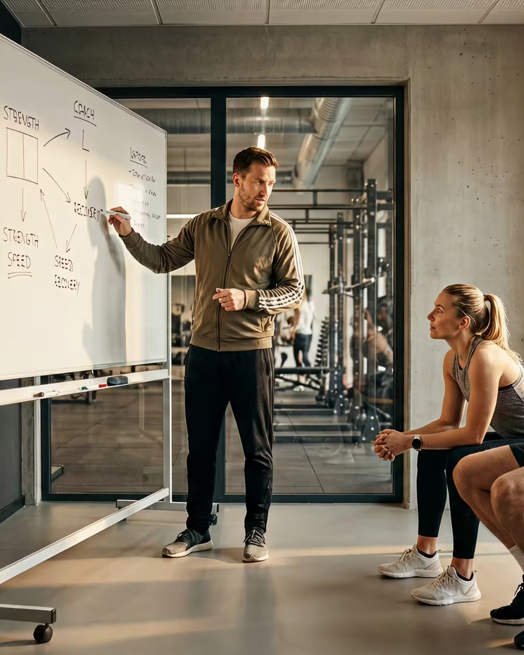 A man in athletic clothing is standing next to a whiteboard and explaining a diagram about strength and speed to a woman sitting on a bench in a gym.