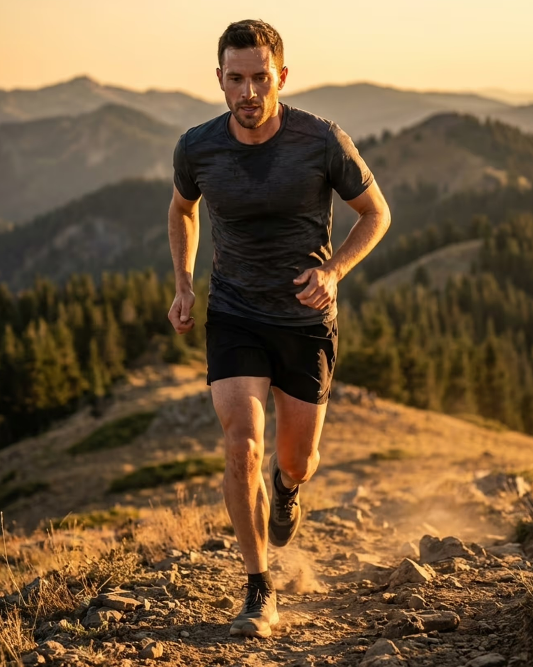 A man running on a rocky trail in a mountainous area during sunset.