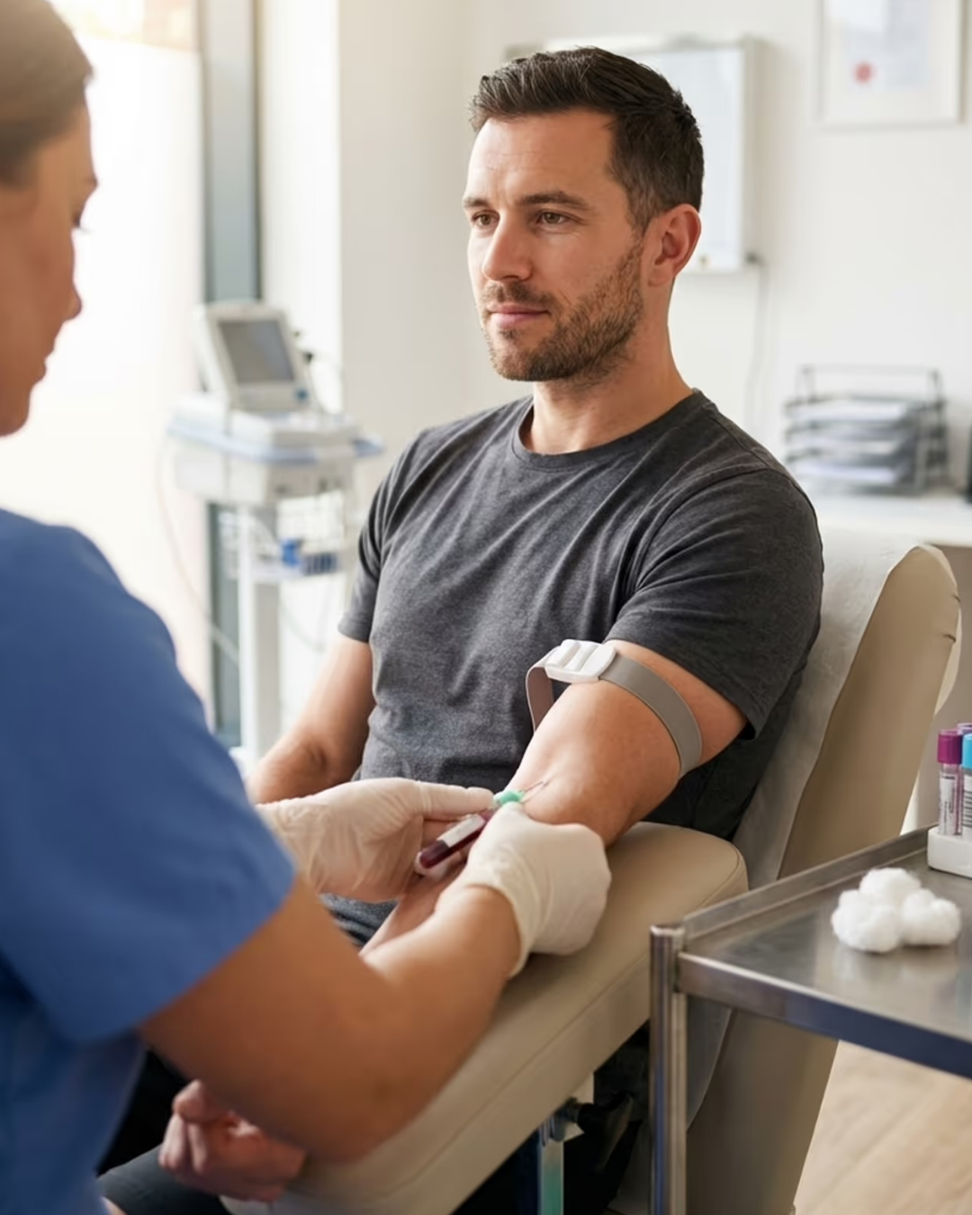 A man in a black t-shirt sits in a medical chair with a needle in his arm, as a healthcare professional draws blood in a clinical setting.