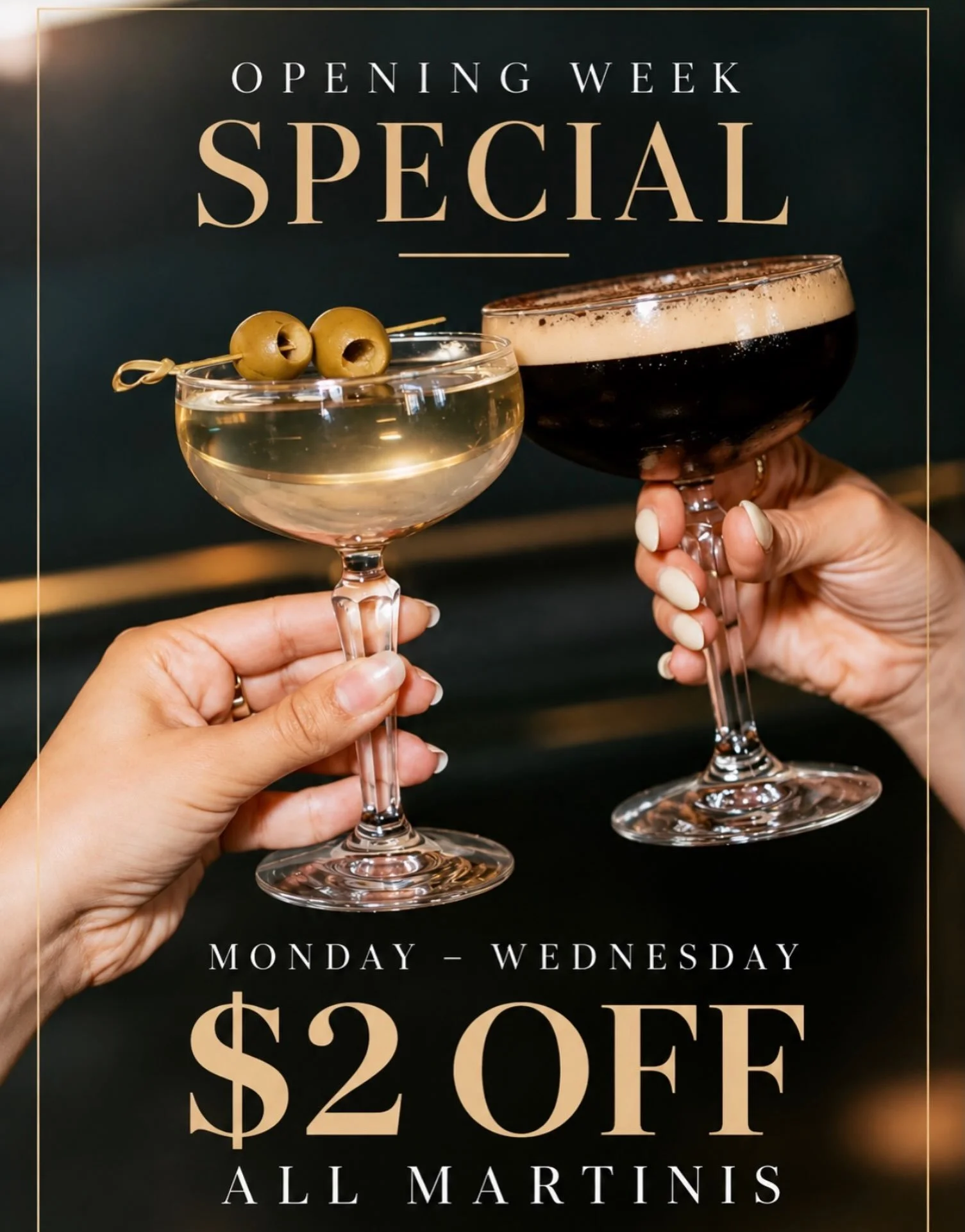 Opening week calls for a martini 🍸 $2 off, Monday through Wednesday. ✨
