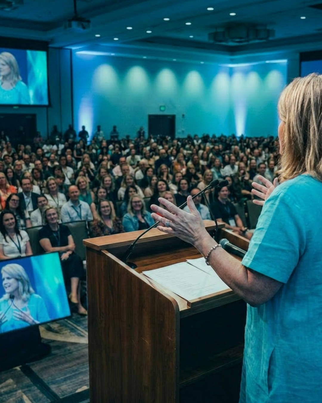 A woman giving a speech at a podium in front of a large audience in a conference or seminar setting, with a projector screen showing her on the left side.