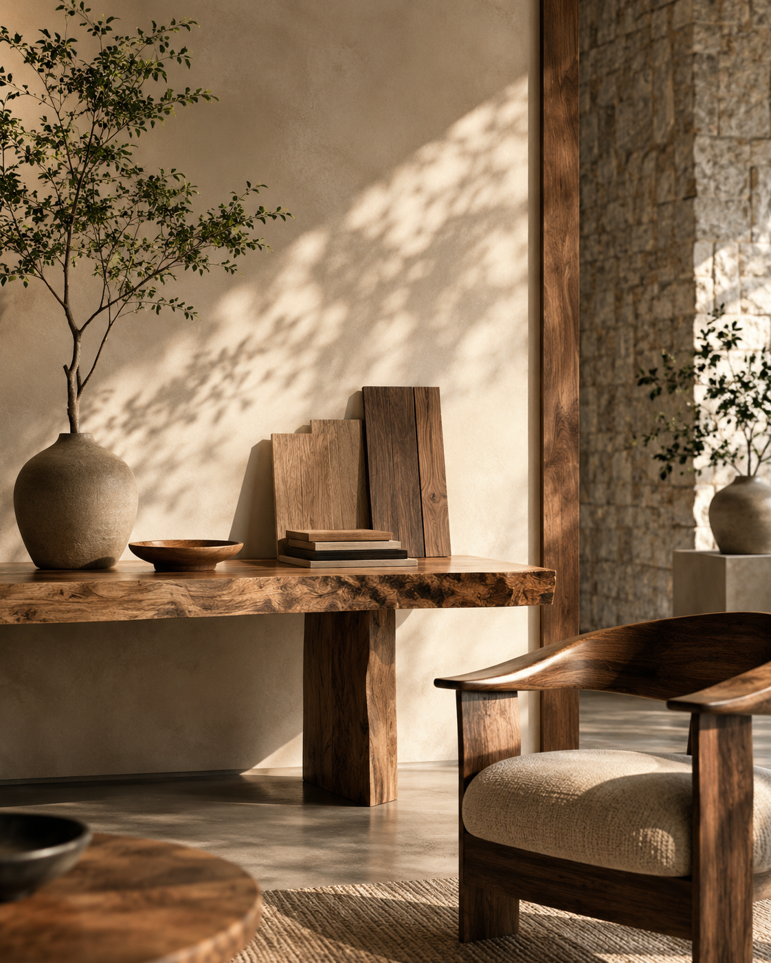 Interior scene with wooden furniture, potted plants, and decorative items, illuminated by natural sunlight casting shadows.