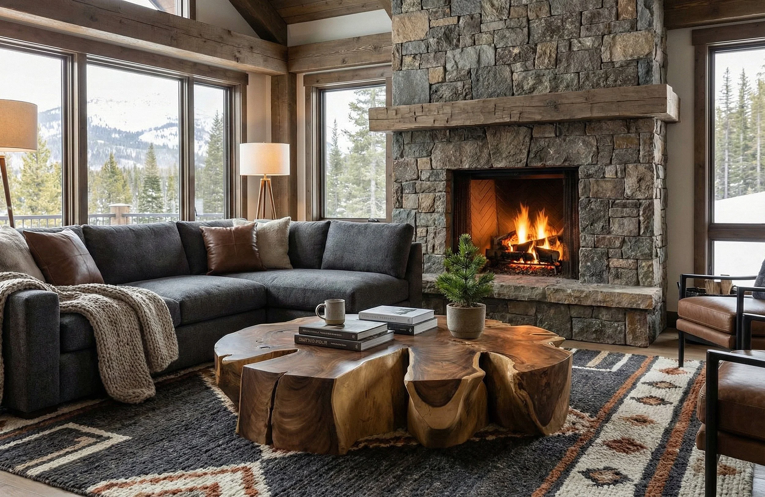 Living room with large windows showing snow-covered mountains and pine trees, a stone fireplace with a fire, a gray sectional sofa with pillows, a wooden coffee table, and a small potted pine tree.