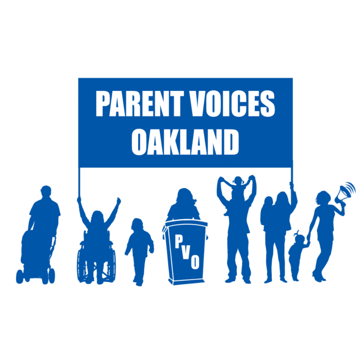 Silhouettes of diverse people holding a sign that reads 'Parent Voices Oakland', with some gesturing and others holding signs, and a community bin with the PVC logo.