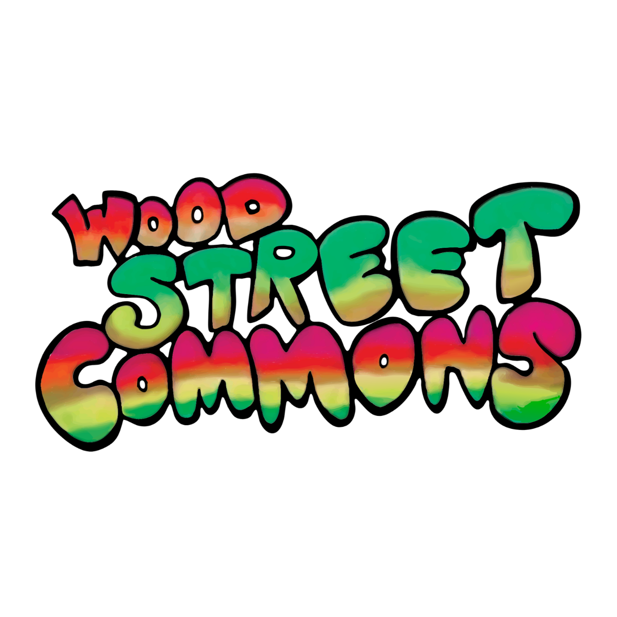 Colorful text saying 'Wood Street Commons' on a black background.
