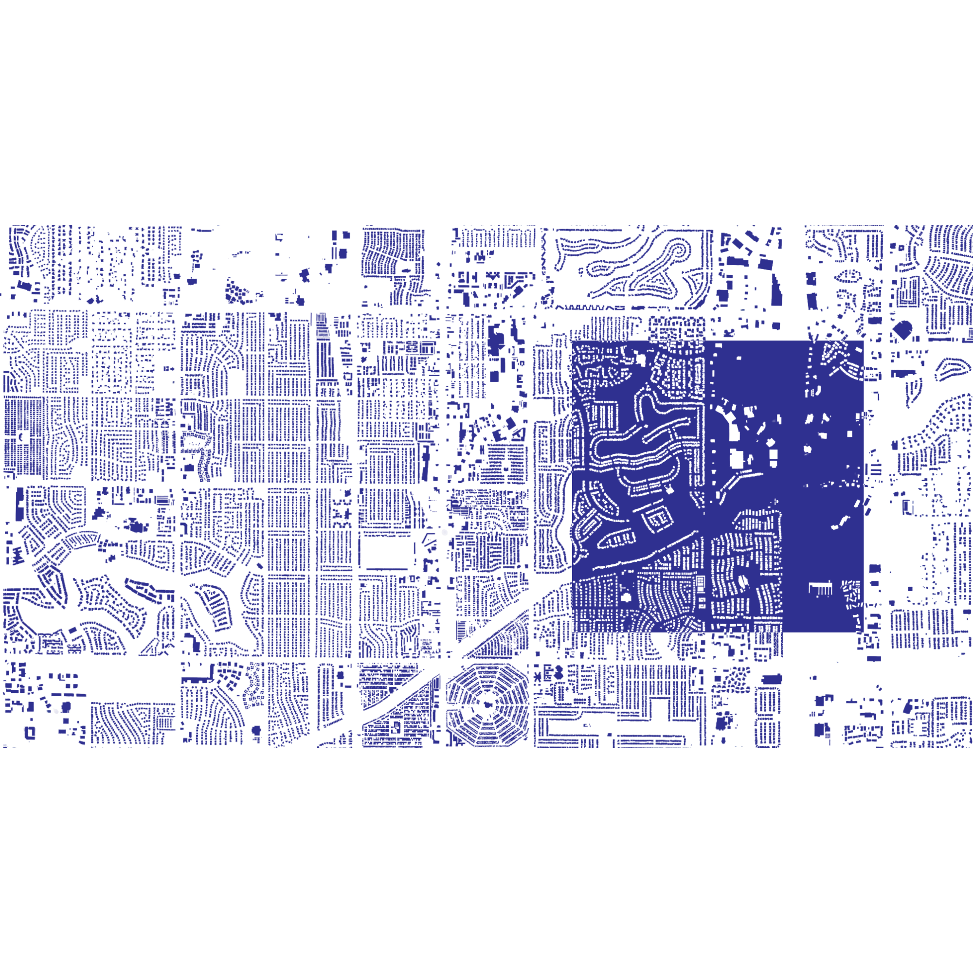 A city map with detailed street lines and block shapes in shades of purple, with a black background.