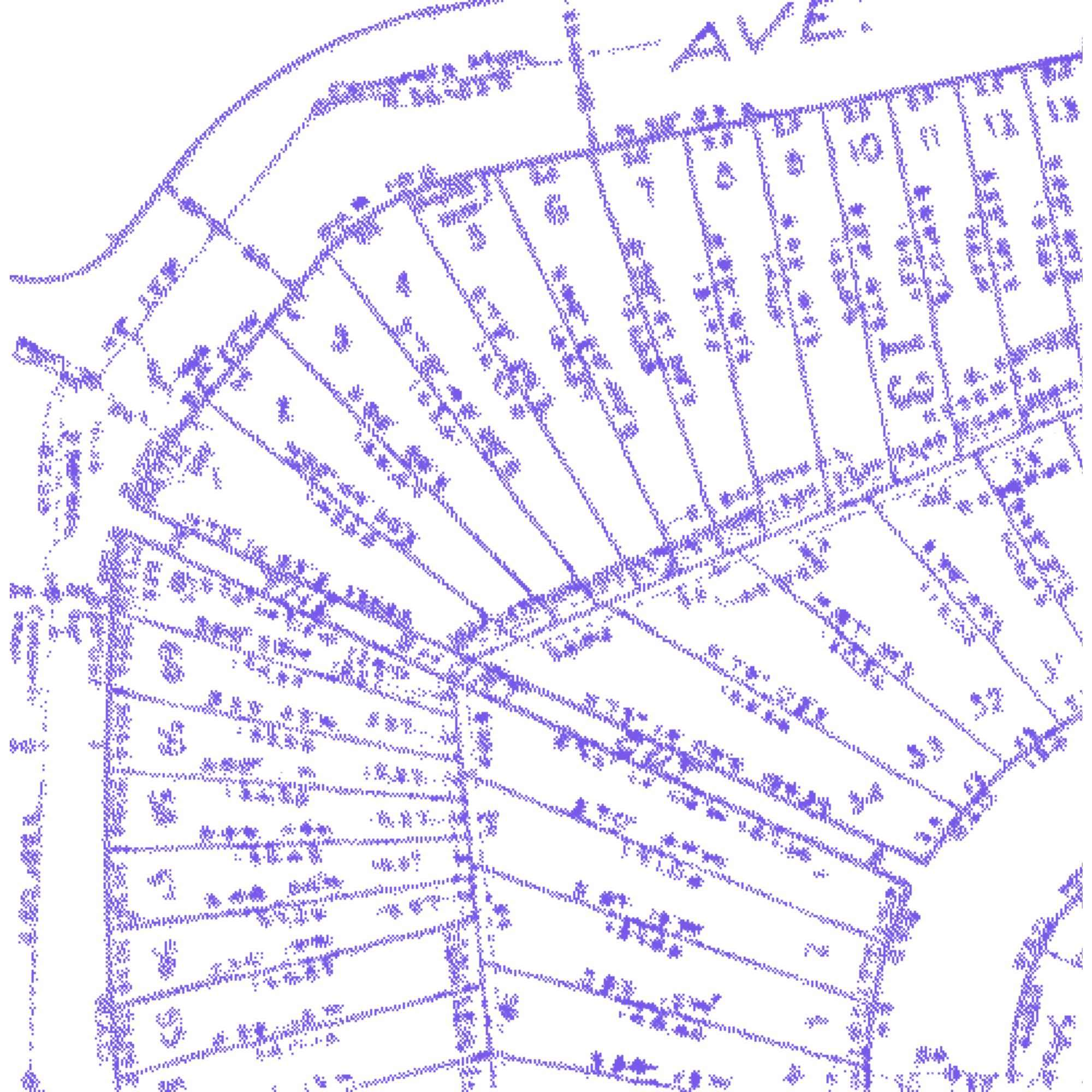 Close-up of a purple computer graphics rendering of an old plot map in Oakland, CA.