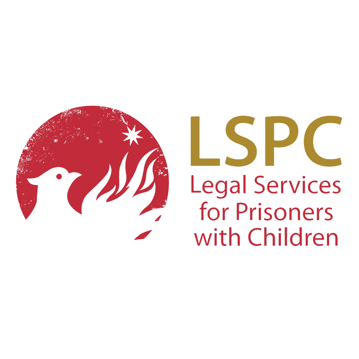 Logo with a red circle containing a black bird silhouette and star, alongside the text 'LSPC Legal Services for Prisoners with Children'.