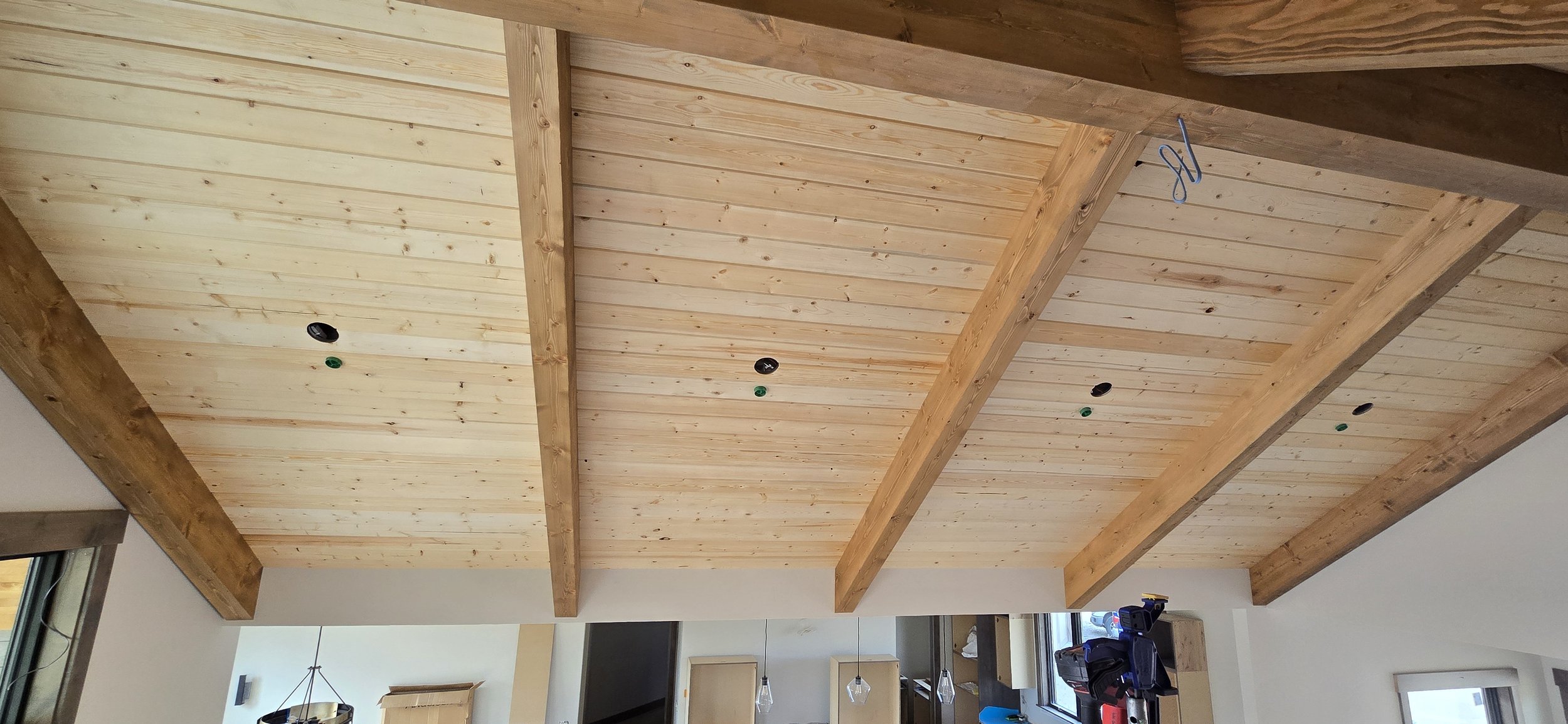 Faux beams with T&G ceiling cladding
