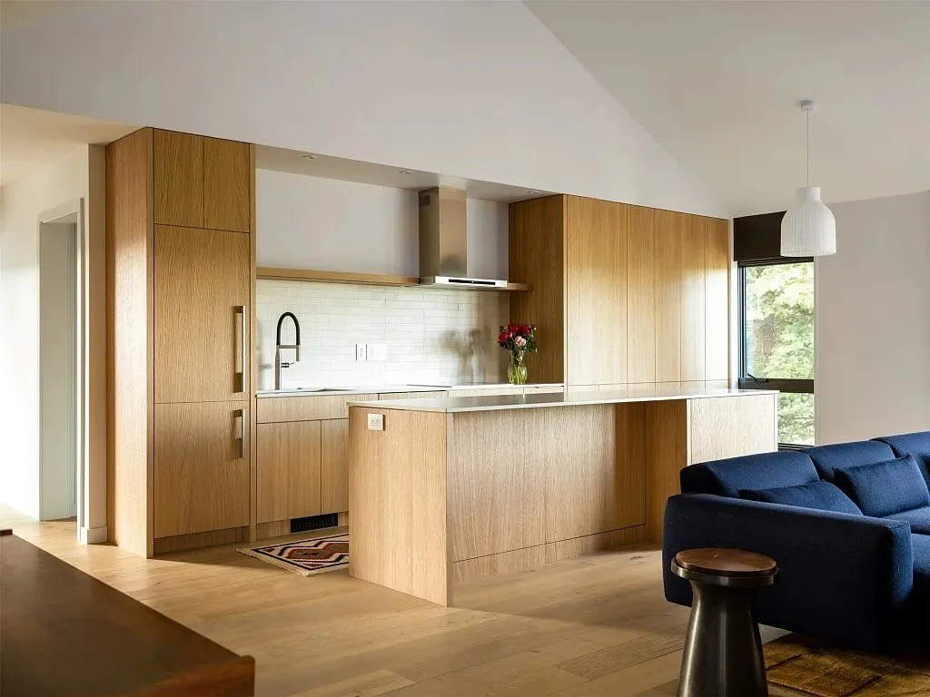 Kitchen install with custom made cabinet faces and end panels. Grain matched.