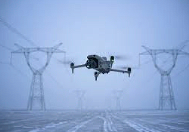 A drone flying in a snowy landscape with power lines and towers in the background.