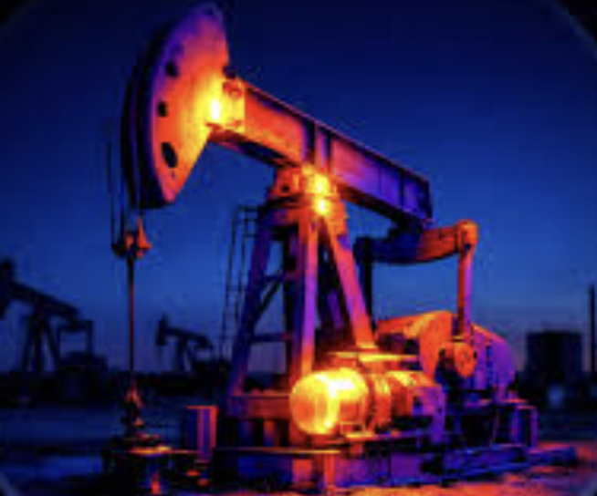 An oil pumpjack illuminated with colorful lights at dusk or night.