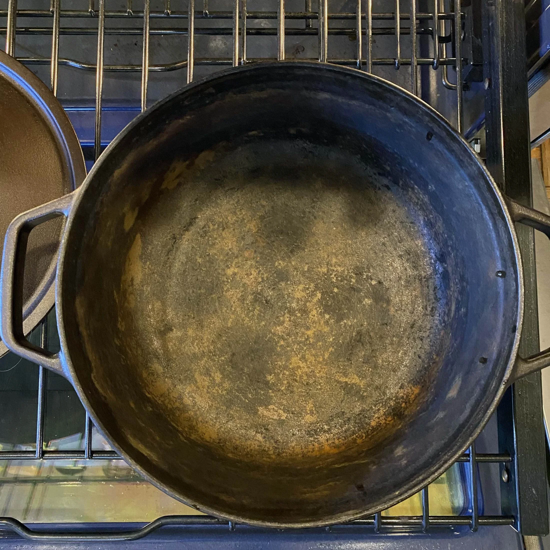 A rusty Dutch oven after an accidental prolonged soak