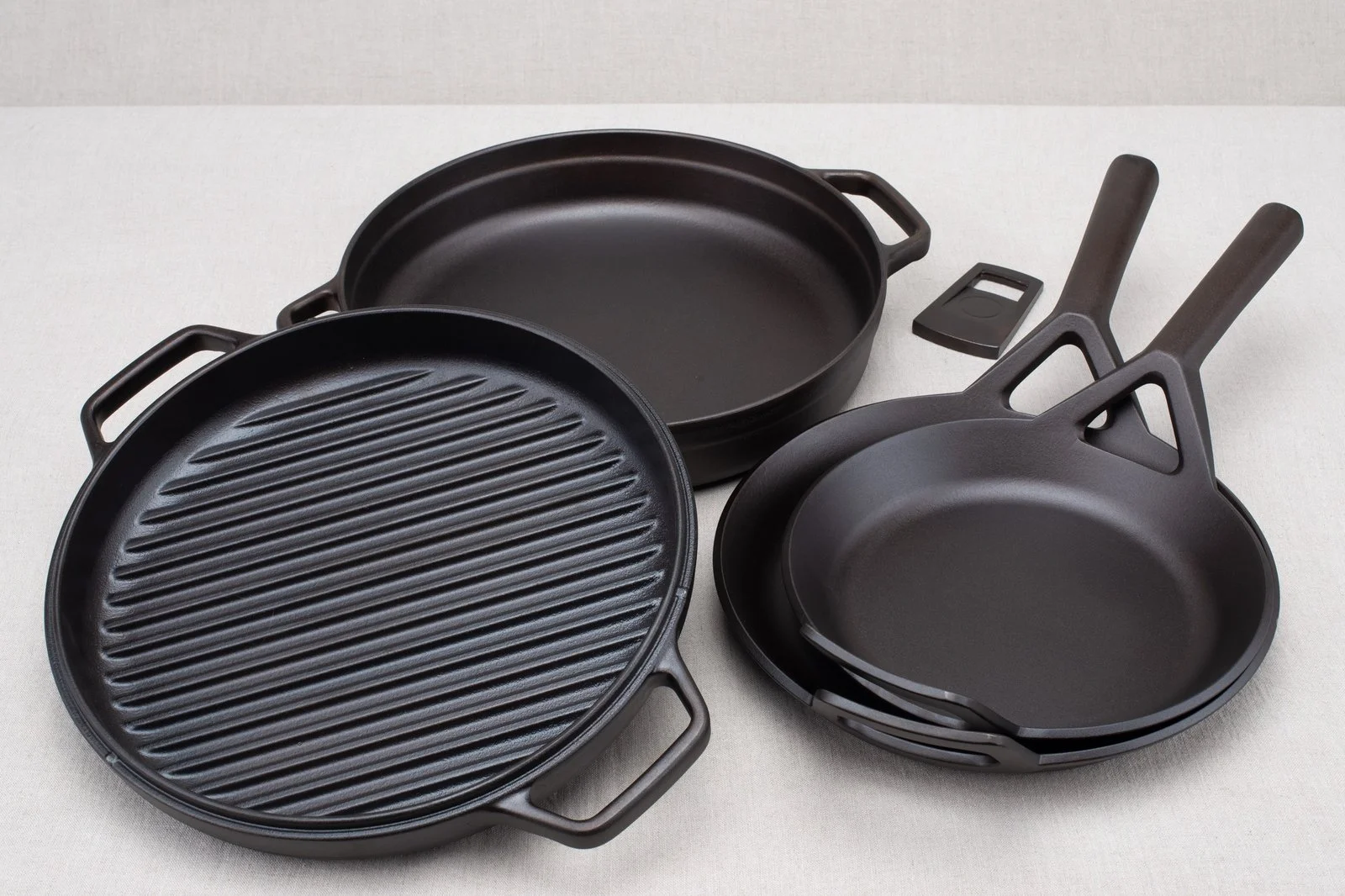 Borough Furnace cast iron mega bundle — four-piece set with two skillets, braising skillet, and grill pan