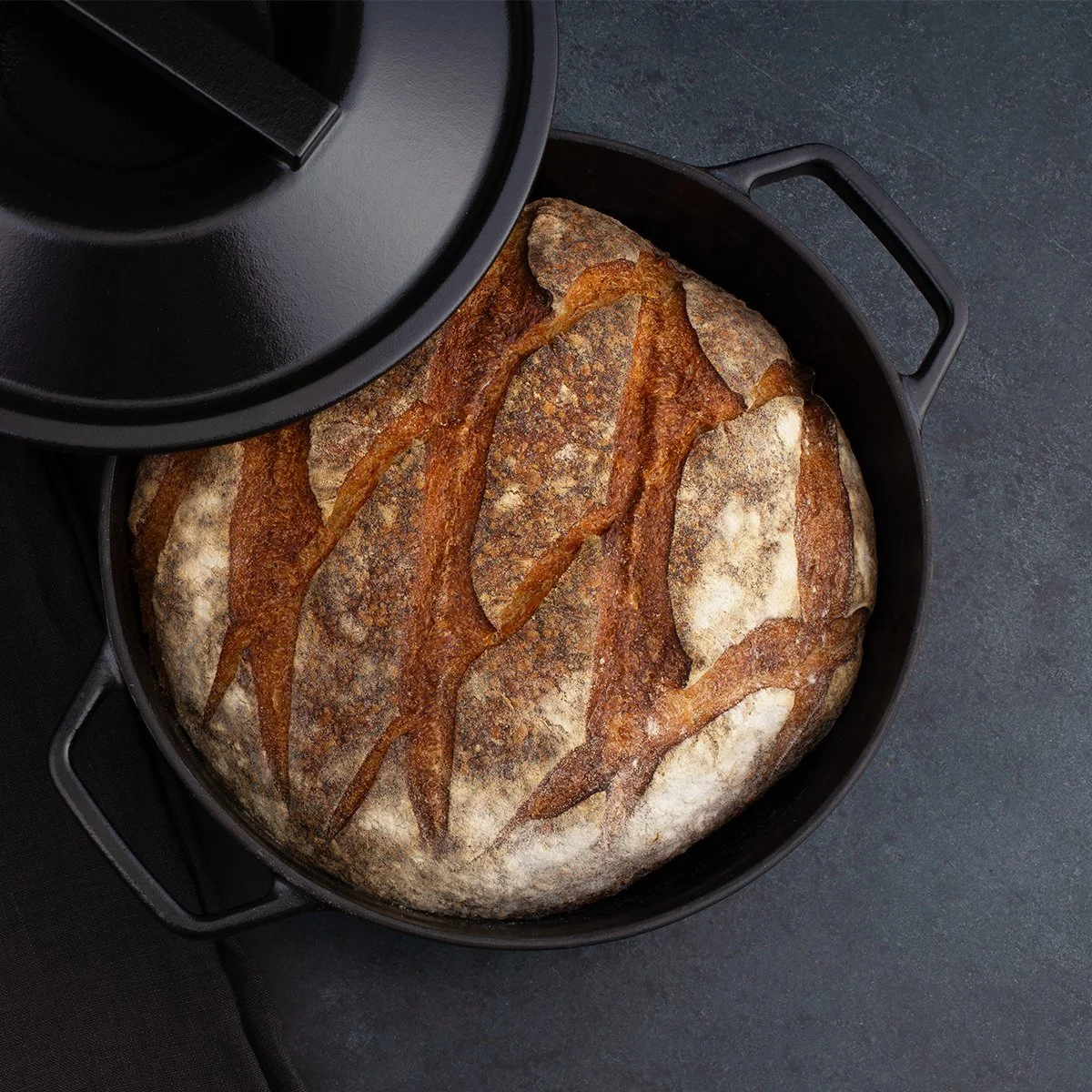 Freshly baked sourdough bread in Borough Furnace enameled cast iron dutch oven