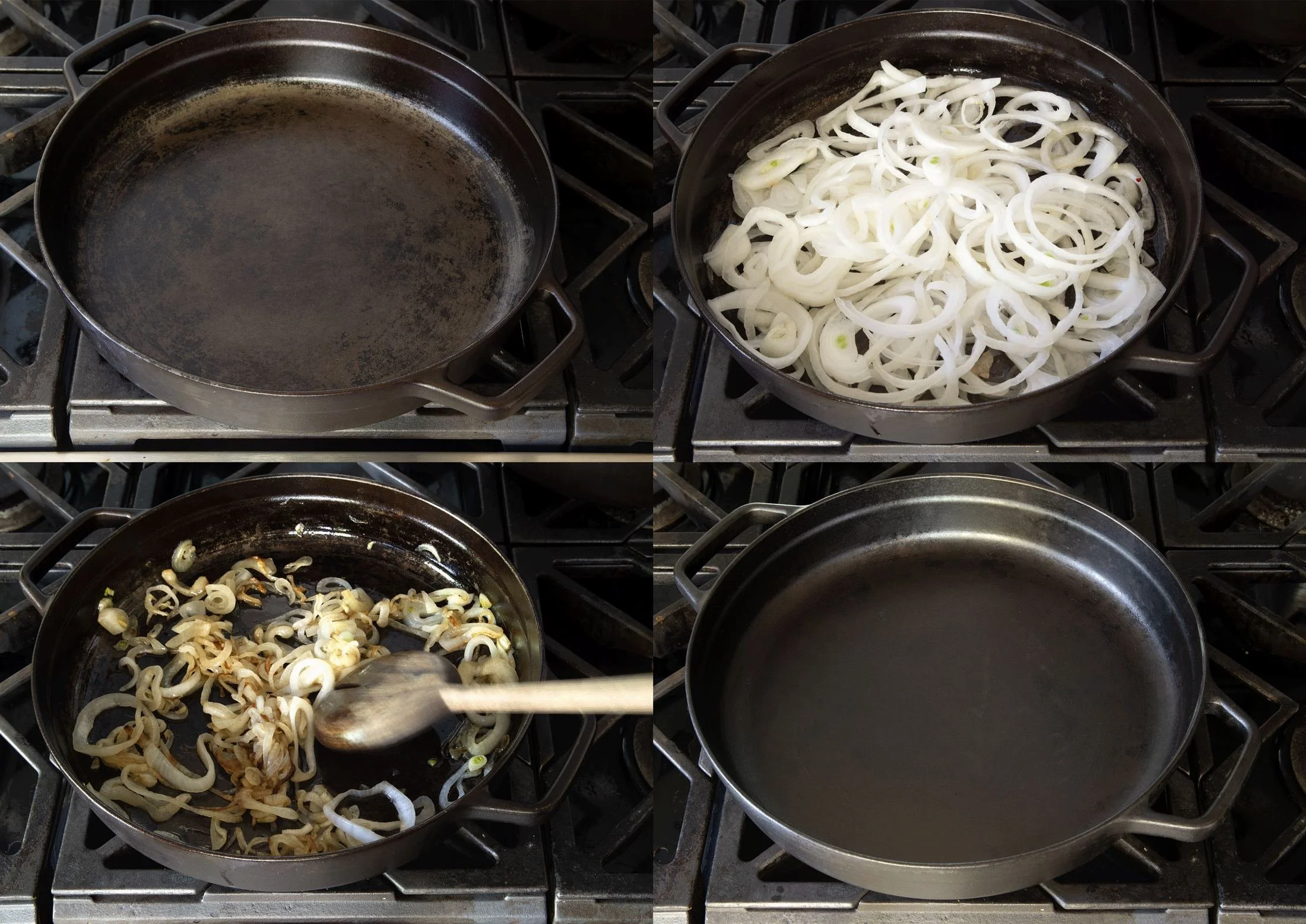 Seasoning a cast iron skillet by caramelizing onions