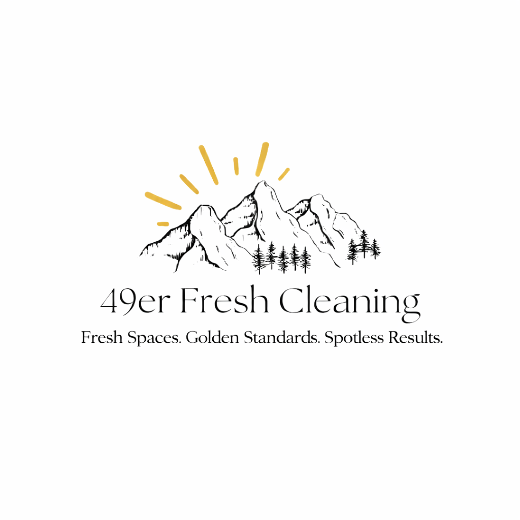 Logo for 49er Fresh Cleaning featuring a mountain range with trees underneath and yellow lines above the peaks, with the text "49er Fresh Cleaning" and the tagline "Fresh Spaces. Golden Standards. Spotless Results."