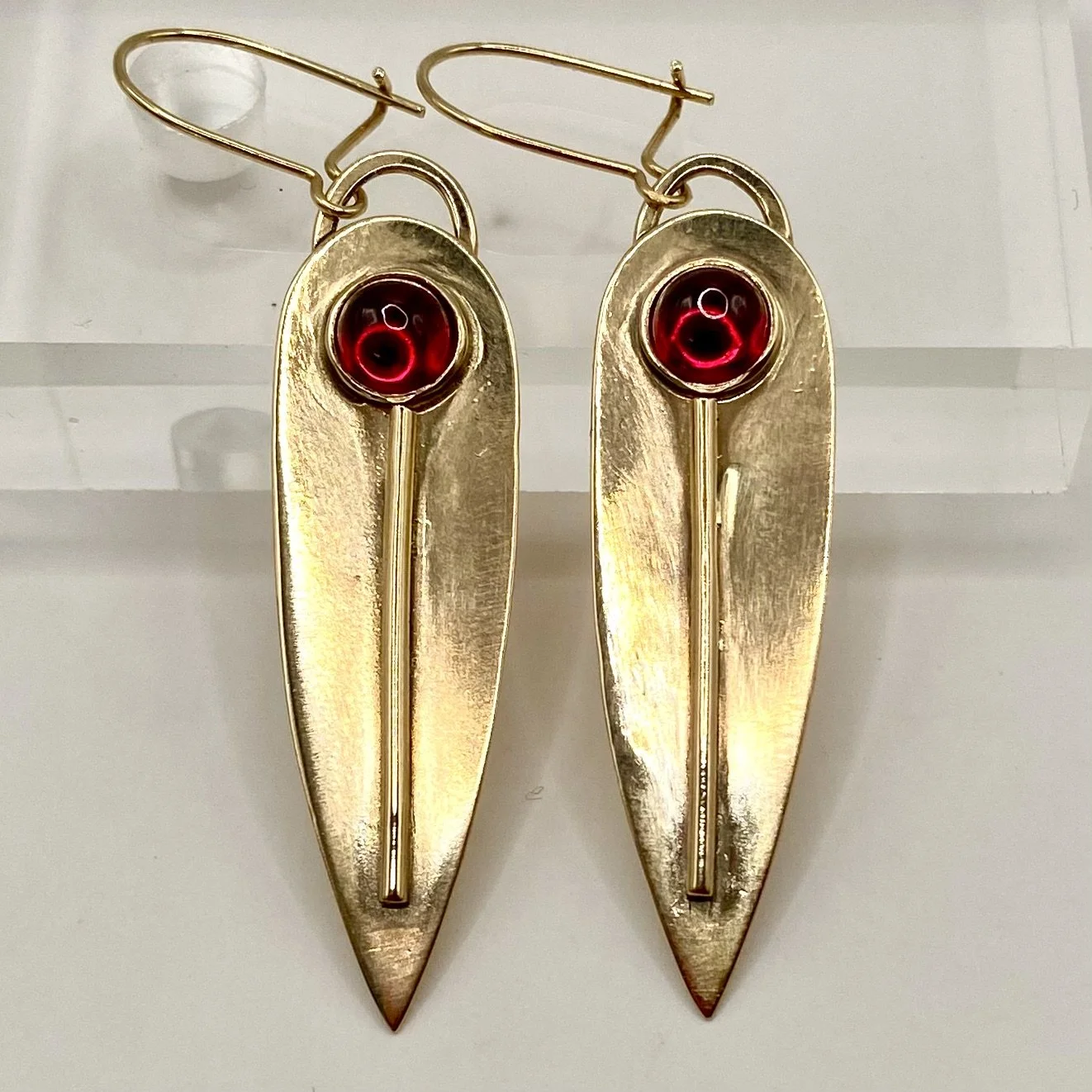 14K Gold Leaf Earrings with Ruby Cabochons