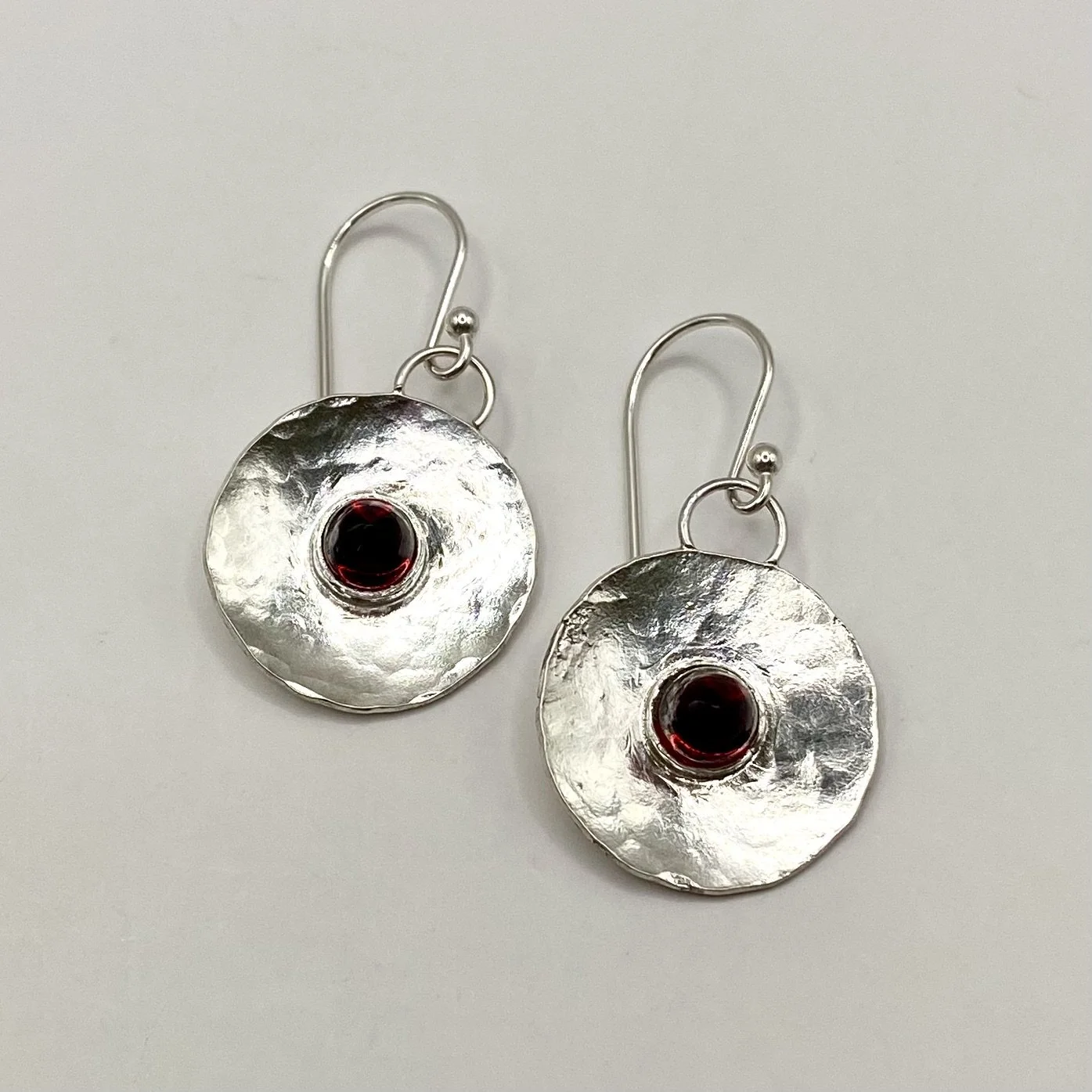 Sterling Silver Hammered Shield Earrings with Garnet