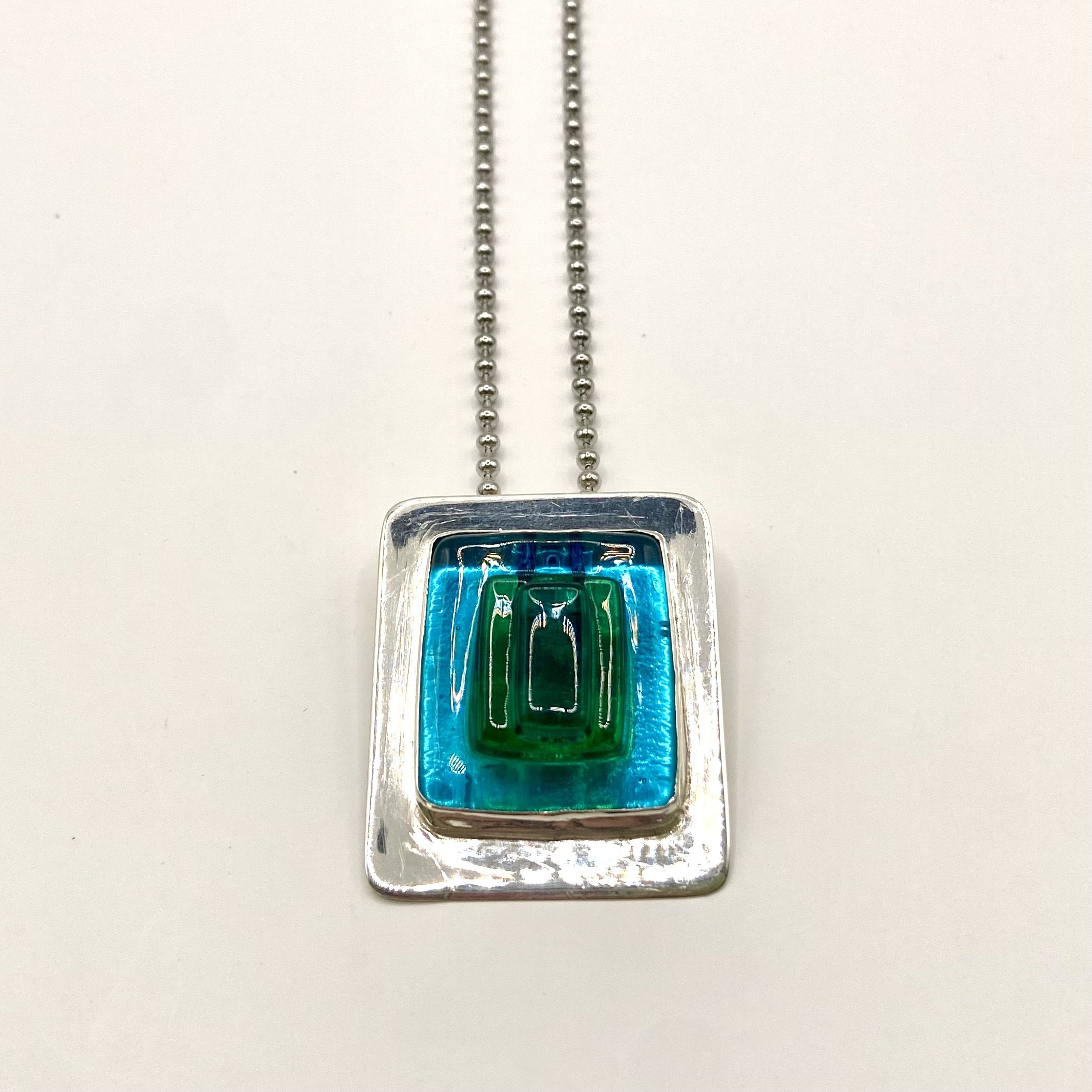 Blue and Green Fused Glass Sterling Silver Pendant