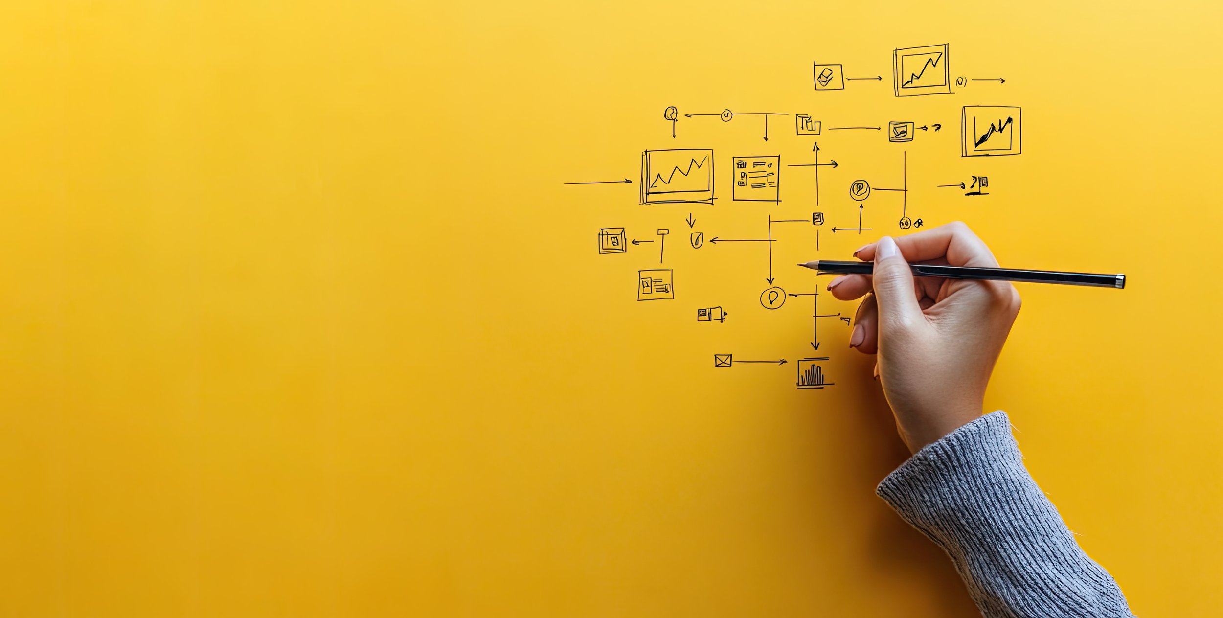 Wild Goose Studios - our process - Hand drawing a flowchart with black marker on yellow background.