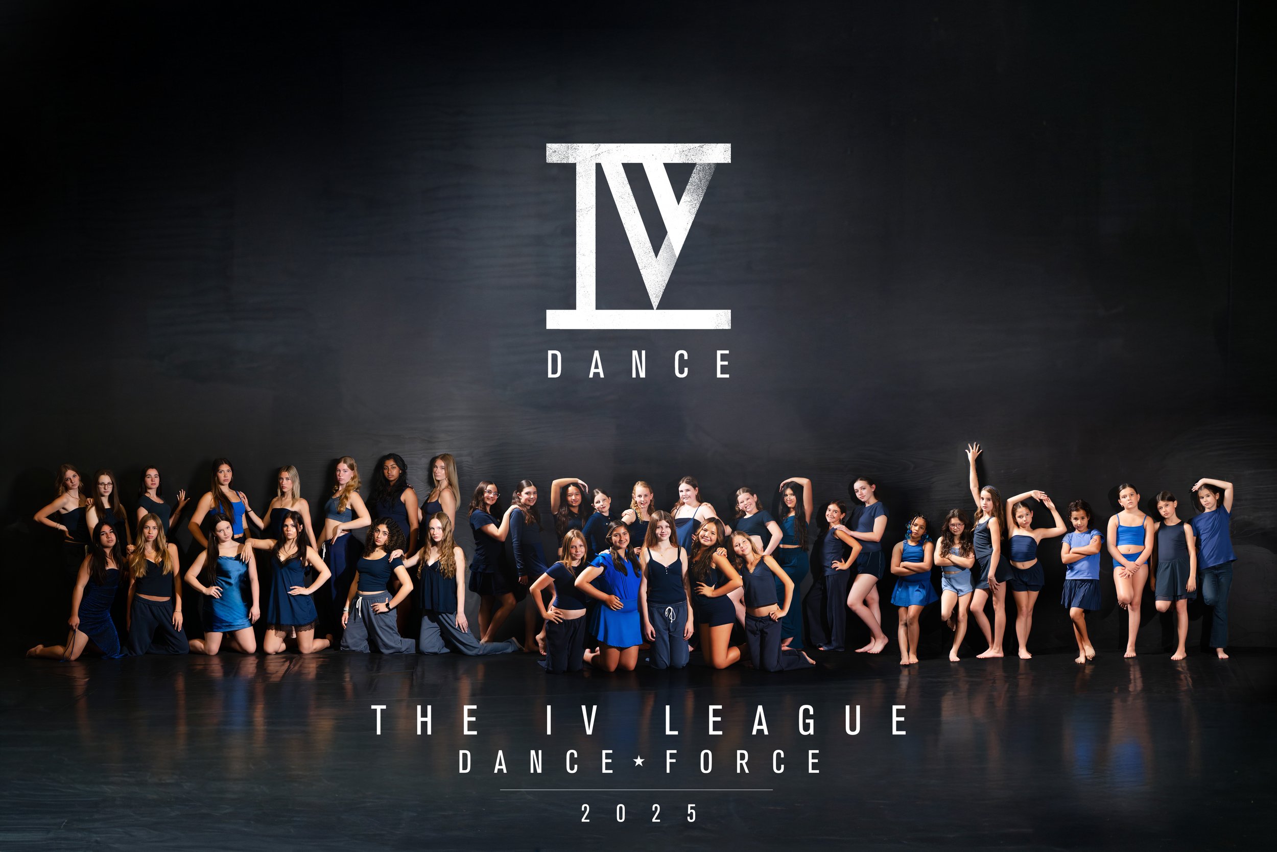 Group of young dancers in blue and black costumes pose on stage with a dark background, with a large screen displaying 'TV' and 'Dance Force' at the top and 'The IV League' and '2025' at the bottom.