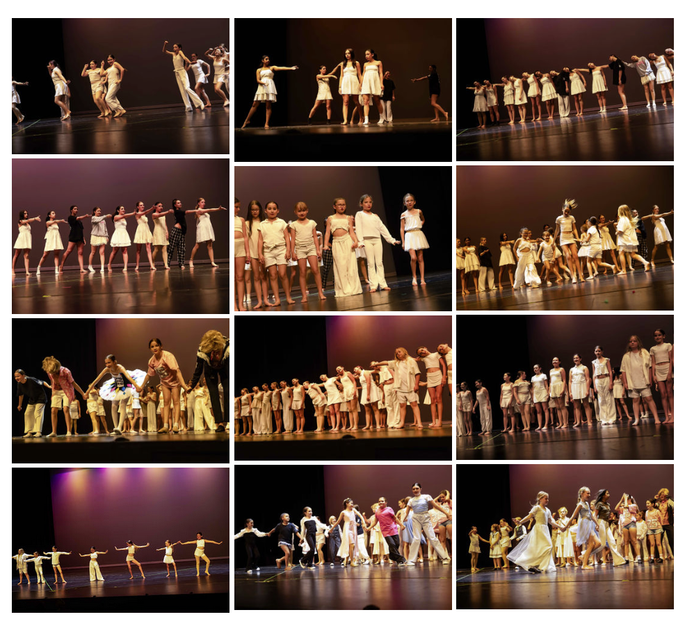 Group of children and adults performing a dance on stage, wearing light-colored costumes, in various formations and movements during a theater or dance recital.