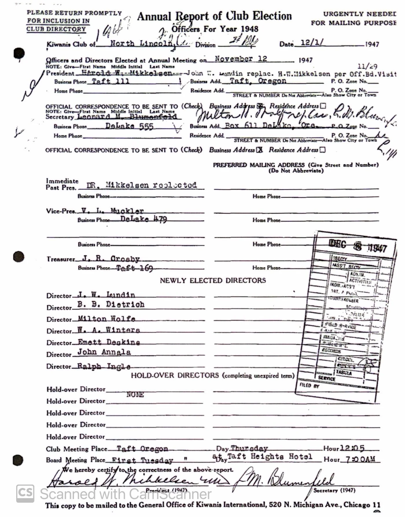 A scanned document titled 'Annual Report of Club Election Officers for Year 1948,' which includes handwritten and typed information about election results, such as directors' names, club meeting details, and signatures, with an attached postage stamp and a USPS response sticker.