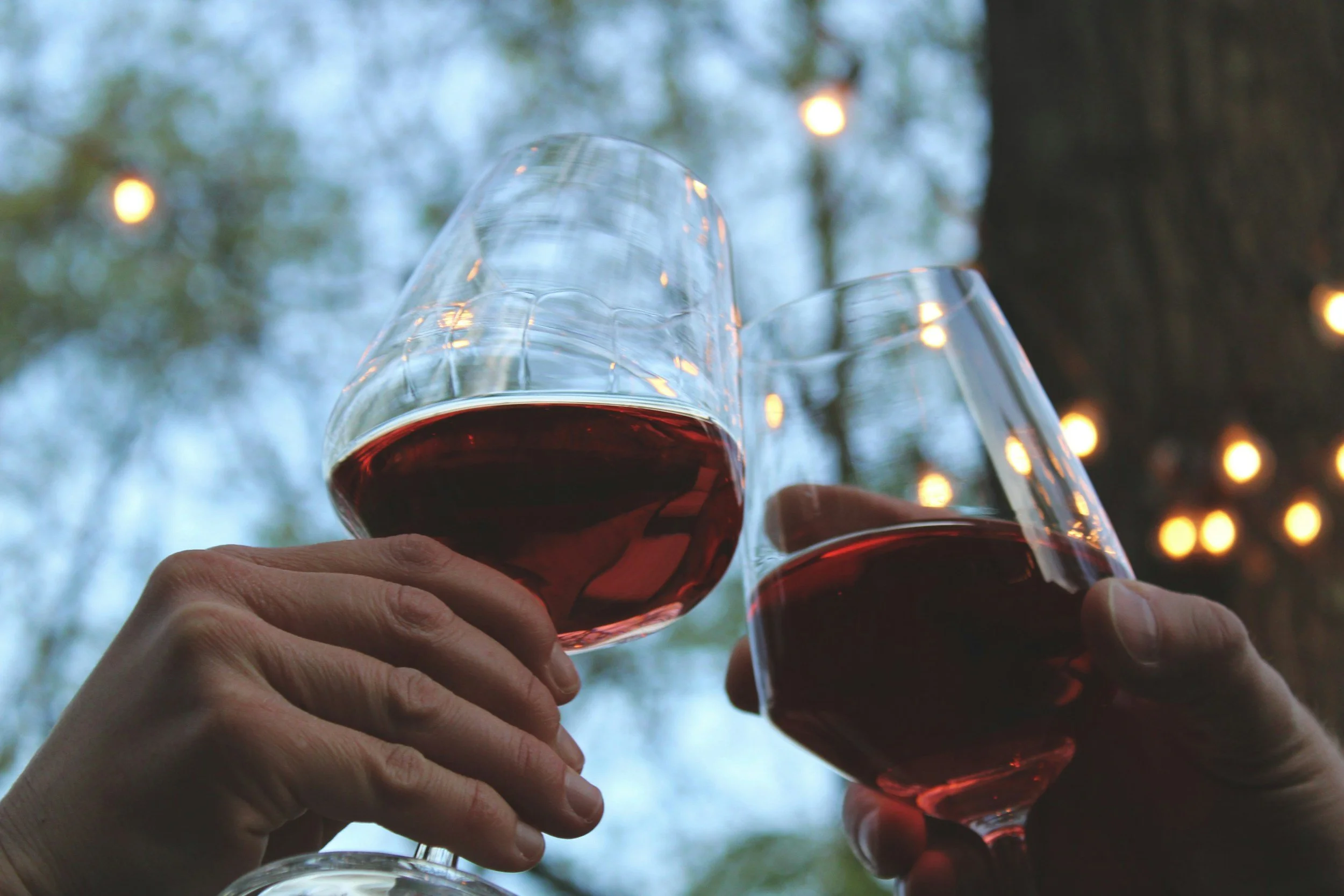 People clinking glasses of red wine outdoors during evening or twilight, with string lights and trees in the background.