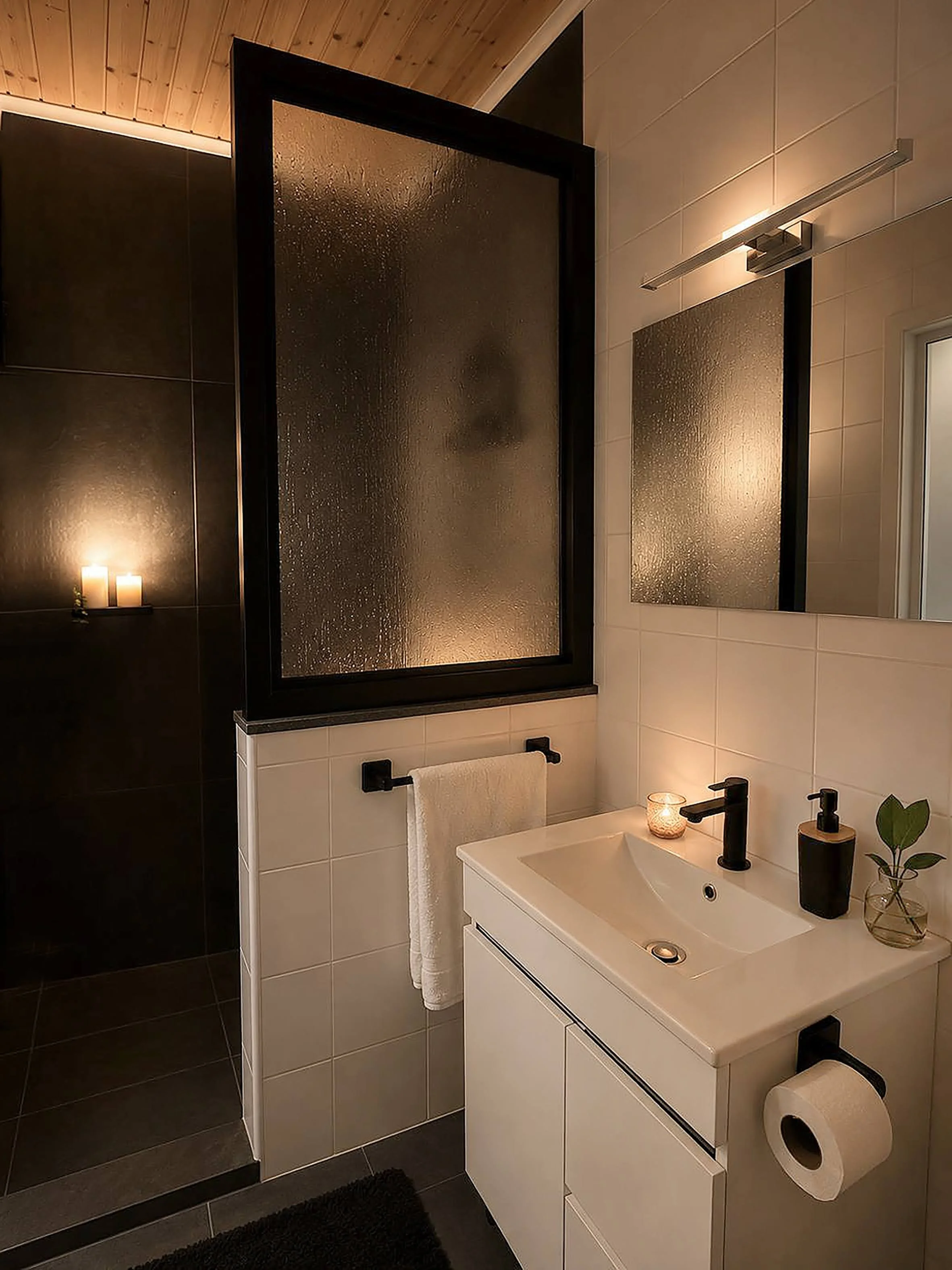 Modern bathroom with a black-framed glass shower door, white vanity with a small plant and candles, black fixtures, and candles on shelves creating a warm ambiance.
