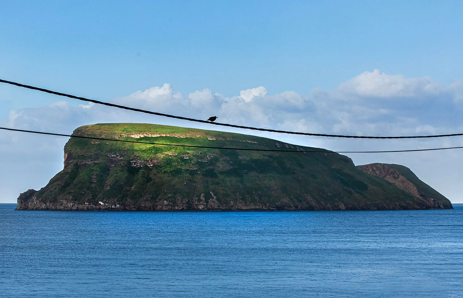 A large green island surrounded by blue water, with two power lines crossing the image. A bird is perched on the upper power line. The sky is partly cloudy with white clouds.